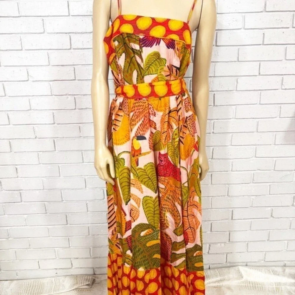 Farm Rio Summer Dream Ruffle Print Maxi Dress Red Yellow Green | Size Large - Picture 1 of 11